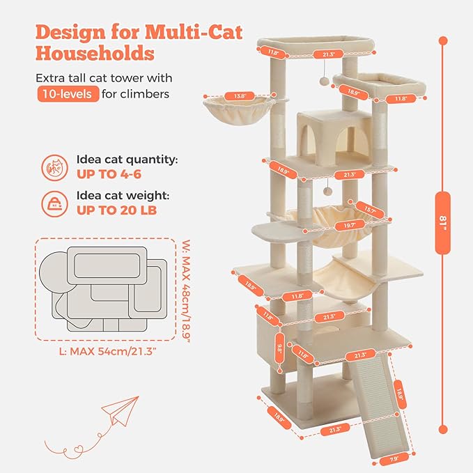 Large Cat Tree for Big Cats & Multi-Cat Homes, 81 Inch Tall Cat Tower with Sturdy Metal Hammock, 6 Sisal Scratching Posts, 2 Cozy Condos, 2 Top Perches - Multi-Level Cat Tower, Beige-Mewly Pet