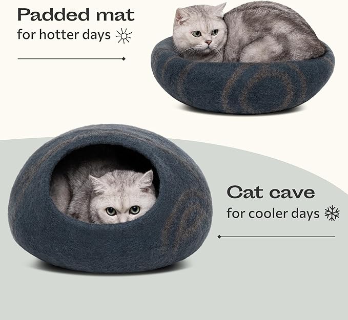 MEOWFIA Cat Cave – Premium Felt Cat Bed for Indoor Cats, Handmade 100% Merino Wool (Medium, Slate Grey)-Mewly Pet