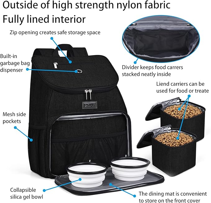 BAGLHER丨Dog Travel Bag, Airline Approved Pet Supplies Backpack, Dog Travel Backpack Accessories Set with 2 Silicone Collapsible Bowls and 2 Food Baskets. Black-Mewly Pet