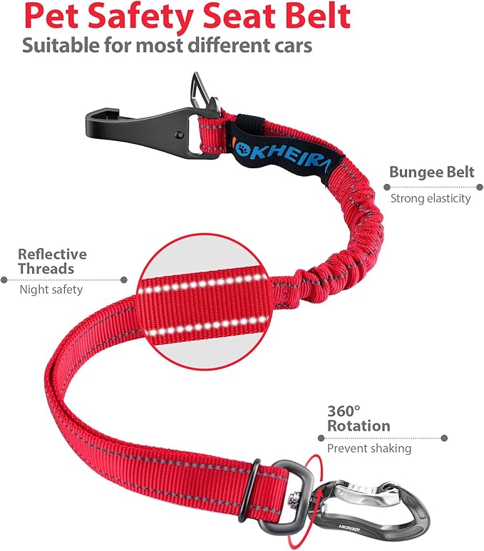 IOKHEIRA Dog Seatbelt, Updated Dog Seat Belt, Reflective Bungee Dog Car Harness, Multifunctional Pet Safety Belt with Hook Latch & Seatbelt Buckle, Swivel Aluminum Carabiner, Red-Mewly Pet