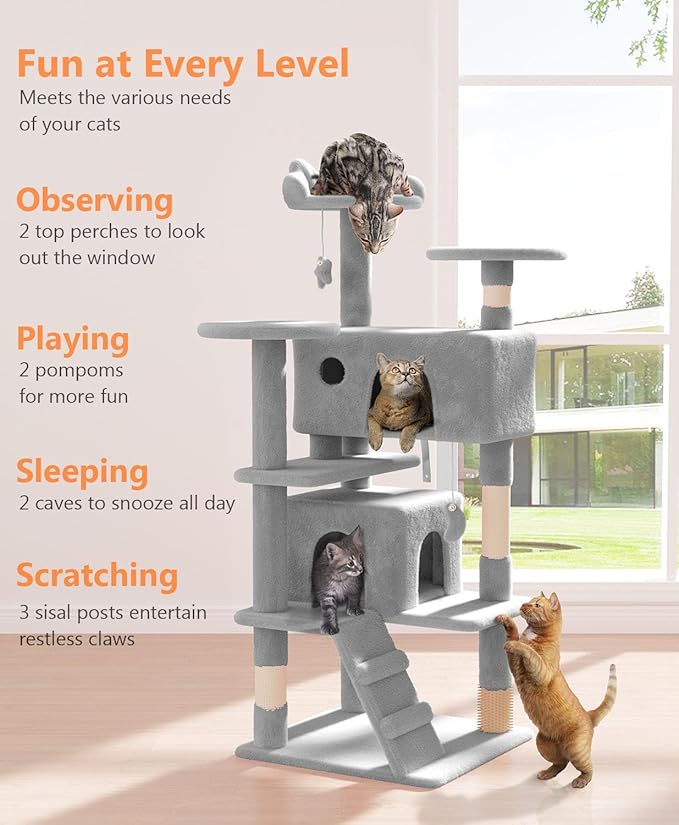 54" Cat Tree Tower for Indoor Cats Large Adult,Cute/Tall Modern Cat Tree for Big Cats 20 lbs, Plush Multi-Level Cat Condo with Scratching Posts, Dangling Ball for Fun (Light Gray, 54 inch)-Mewly Pet