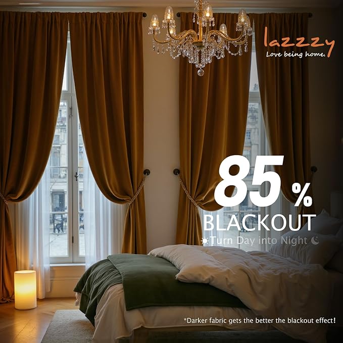 Lazzzy Velvet Blackout Curtains Thermal Insulated Room Window Drapes Super Soft Luxury Curtains for Living Room Bedroom Rod Pocket 2 Panels, Gold Brown, 52" W x 108" L
