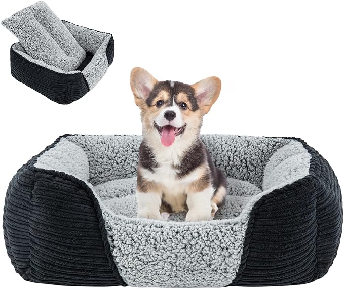 Miguel Washable Dog Bed for Small Dogs, Easy to Wash Cat Sofa Bed with High Sides, Rectangle Bolster Cat Bed Calming Cuddle Puppy Bed with Anti-Slip Bottom, Black 20 Inch-Mewly Pet
