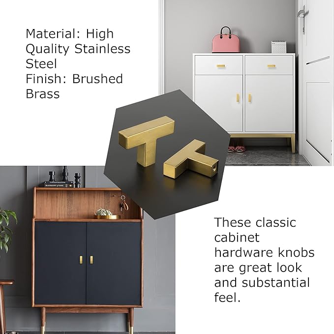 LONTAN 6 Pack Dresser Knobs Brushed Brass Kitchen Cabinet knobs Square Gold Cabinet Door Hardware for Bathroom Closet Cupboard