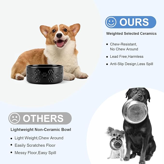 SPUNKYJUNKY Ceramic Dog and Cat Bowls 2 Pack, 6.1'' Dog and Cat Food Water Double Feeding Bowls Non-Slip for Large Sized Breed Microwave Dishwasher Safe - 28.7 OZ, 2pcs, Paw Black-Mewly Pet