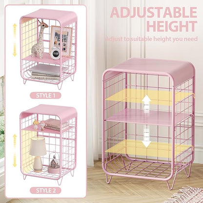 APEXCHASER Cute Kids Pink Nightstand,Metal Side Table,3 Tier End Table with Storage,Vintage Bedside Table,Girls Bedroom Furniture for Living Room,Bedroom,Dorm