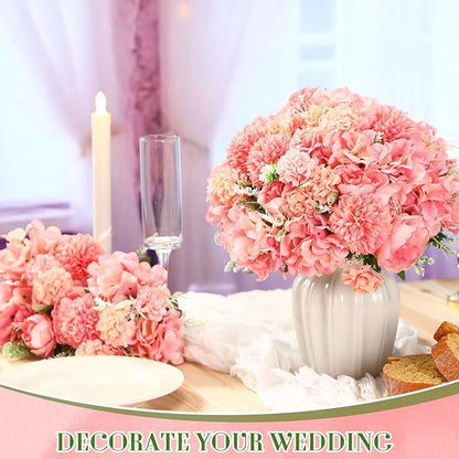 Tigeen Artificial Flowers Artificial Peonies Silk Flowers Faux Peony Fake Peony Silk Hydrangea Bouquet for Wedding Table Centerpiece Floral Vase Decor(Rose Pink,24 Bundles)
