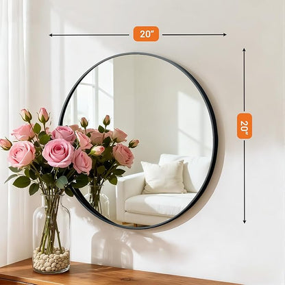 Sweetcrispy Round Bathroom Mirror 20 Inch Black Metal Framed Wall Mounted Circle Vanity Mirror for Bathroom, Bedroom, Living Room, Entryway, Anti-Rust, Modern Decorative, Hanging or Leaning