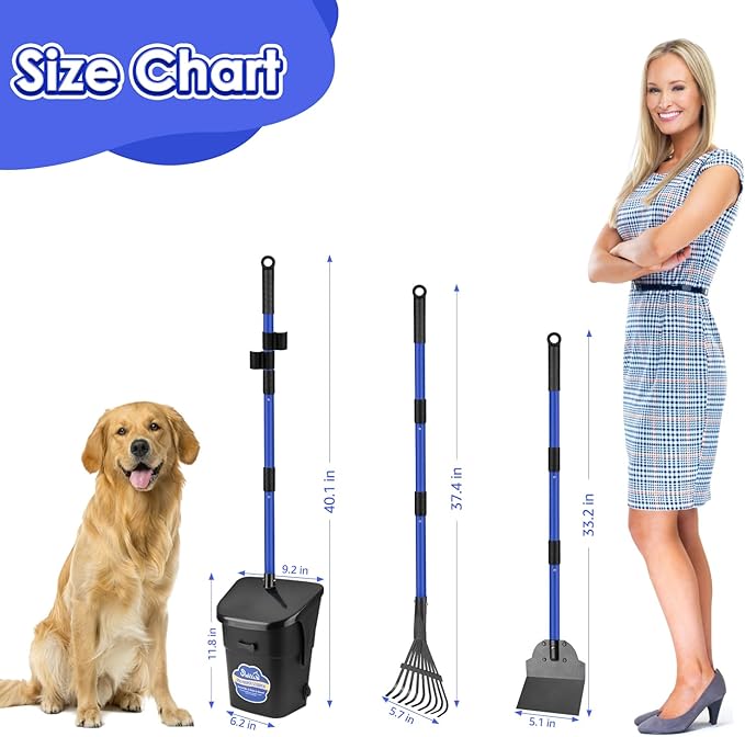 Lukovee Dog Pooper Scooper, 37.4" Long Adjustable Metal Handle Swivel Bin & Rake & Spade Kit with 20 Poop Bags, Portable Dog Non-Breakable Poop Scooper for Gravel Yard Lawn Grass, Blue-Mewly Pet