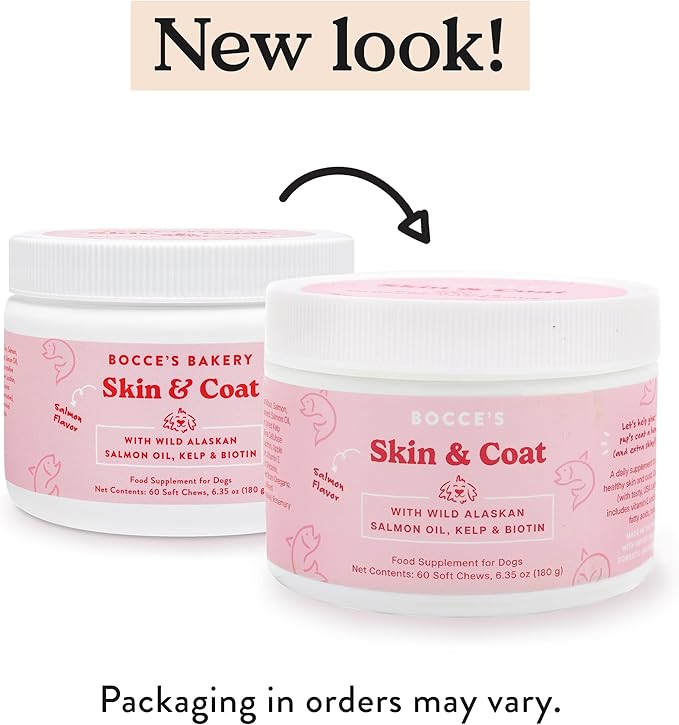 Bocce's Bakery Skin & Coat Supplement for Dogs, Daily Chews Made in The USA with Vitamin E & Essential Fatty Acids, Supports Healthy Skin & Coat, Salmon, 60 ct, Red (DG-SP-SKIN60)-Mewly Pet