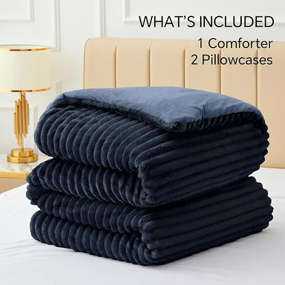BEDELITE Fleece Queen Comforter Set -Super Soft & Warm Fluffy Navy Blue Bedding, Luxury Fuzzy Heavy Bed Set for Winter with 2 Pillow Cases