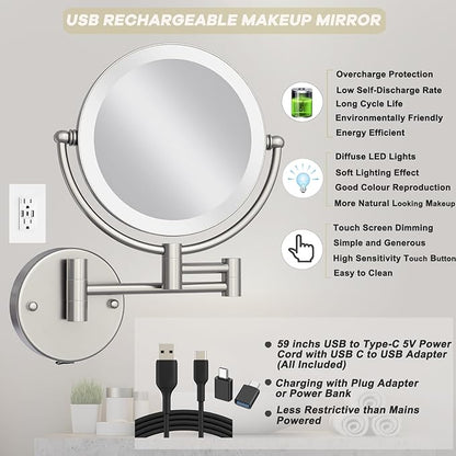 Makeup Mirror Wall Mounted with Lights and 10X Magnification, 8 Inches Rechargeable Double Sided Magnifying, Touch Dimmable Extended Arm 360 Rotation, Foldable Cosmetic Mirror Brushed Nickel