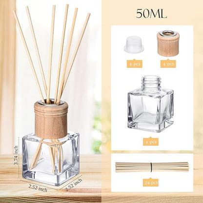 Roshtia 4 Set Reed Diffuser Bottle Empty Refillable Fragrance Glass Diffuser Bottles with Wooden Caps Rattan Sticks 50ml 1.7 oz Glass Jars for DIY Fragrance