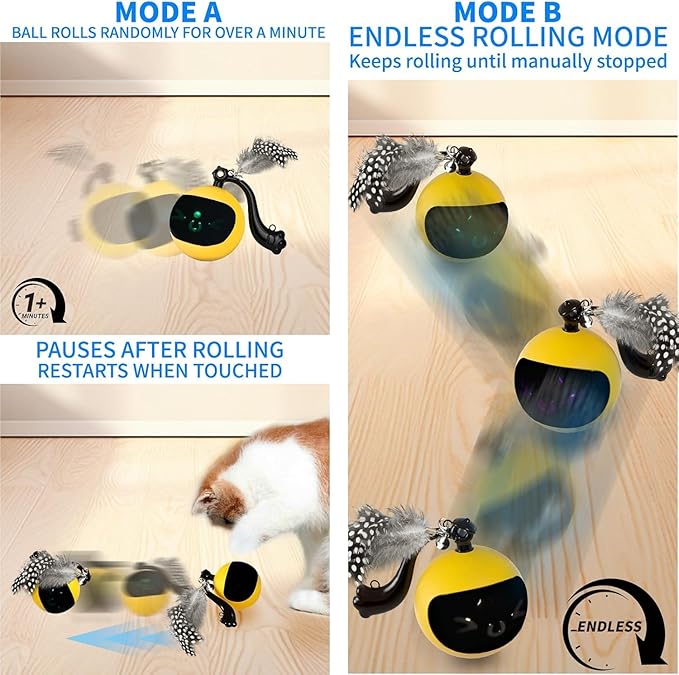 Interactive Cat Ball Toy with Remote Control, Automatic Moving Cat Toys Ball with Feather Tail, Electric Puzzle Toy for Chasing and Hunting (Yellow)-Mewly Pet