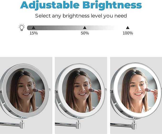 8" Rechargeable Lighted Makeup Mirror, 1X/10X Magnification with 3 Color Touch Dimmable Lights, 360° Rotating Double-Sided Wall Mount Mirror (Chrome) – Fab Glass and Mirror