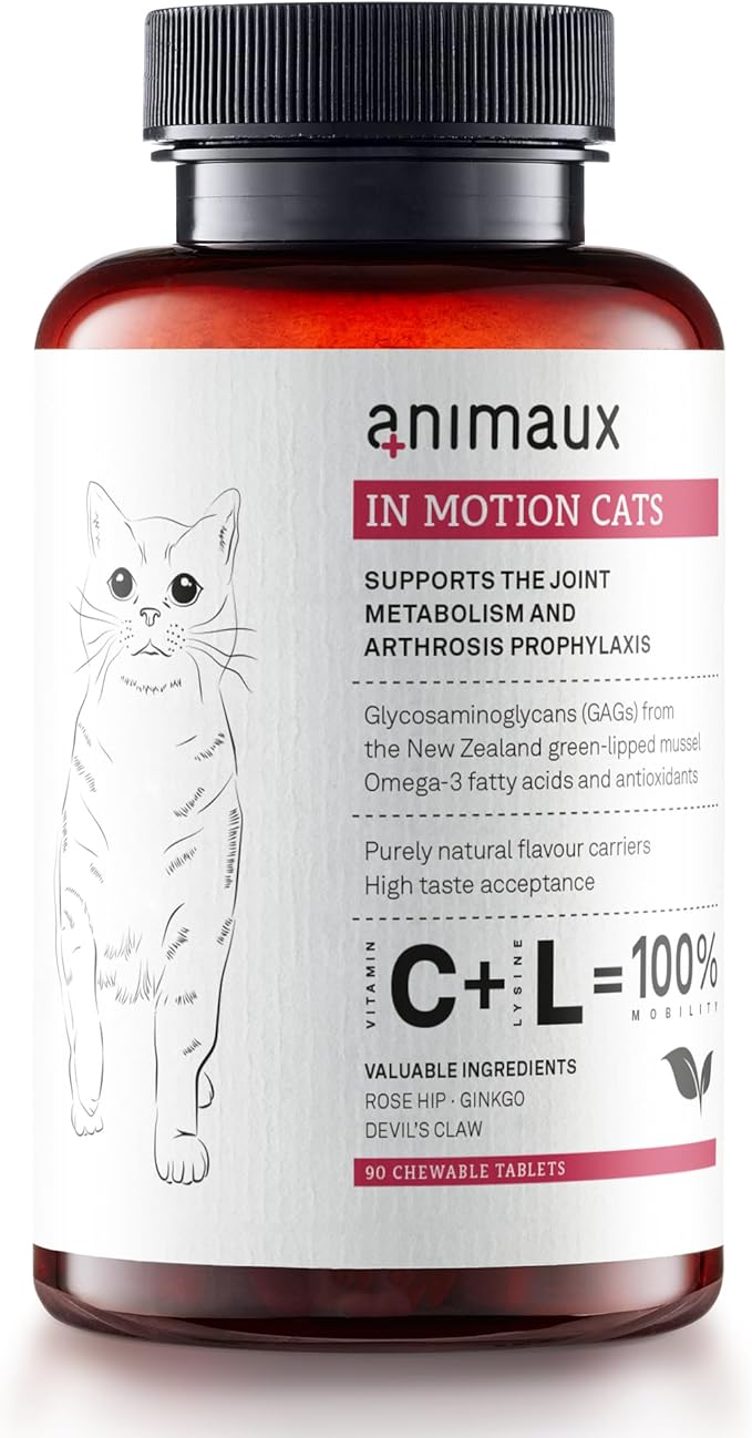 animaux - in Motion Cats, Green-lipped Mussel, Devil's Claw, Rose Hip & Ginkgo, Support for Bones, Joints, Cartilage, tendons, with Hyaluron, Collagen, 90 chewable Tablets, 90 Days Supply-Mewly Pet