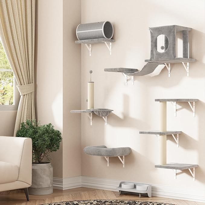 NUNU LAB Wall Mounted Cat Furniture, 7 Pcs Cat Wall Shelves with House, Tunnel, Bridge, Steps, Scratcher, Hammock, Bed, Indoor Safe & Stable Furniture for Kittens Play, Gray-Mewly Pet