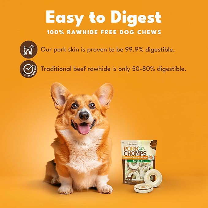 Pork Chomps Pressed Pork Skin Dog Chews, 2.5-inch Rings, Real Chicken, 8 Count-Mewly Pet