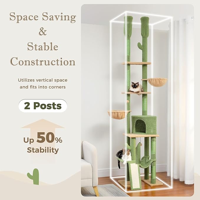 PAWZ Road Cactus Cat Tree Floor to Ceiling Cat Tower with Adjustable Height(85-112 Inches), 7 Tiers Climbing Activity Center with Cozy Hammocks, 5 Platforms and Scratching Posts for Indoor Cats-Mewly Pet