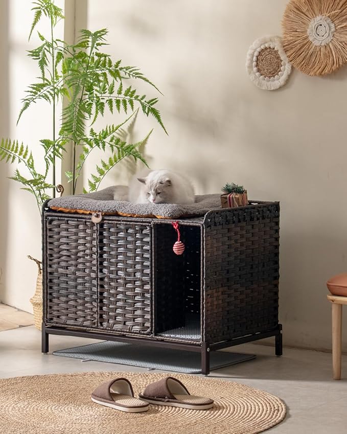 Cat Litter Box Enclosure Furniture with Divider, Handwoven Rattan Litter Box with Mat, 31.2 x 19.6 x 24.2 Inches, Metal Heightened Feet, Hidden Cat House for Living Room, Bedroom (Brown)-Mewly Pet