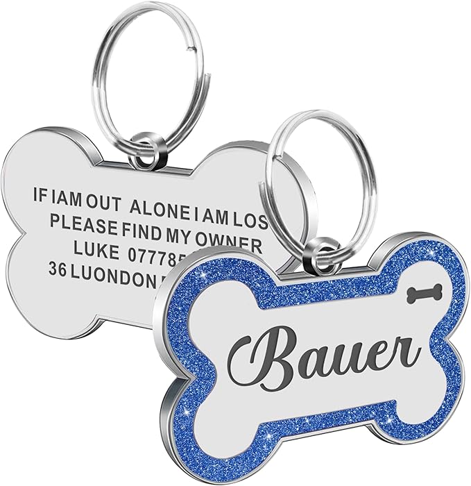 Dog Tags Personalized for Pets Dog Name Tags Personalized Dog Tag Engraved with Any Name & Text Custom Dog ID Tags Glitter Bone ID Tag for Puppy Cat (Blue S, Bone)-Mewly Pet
