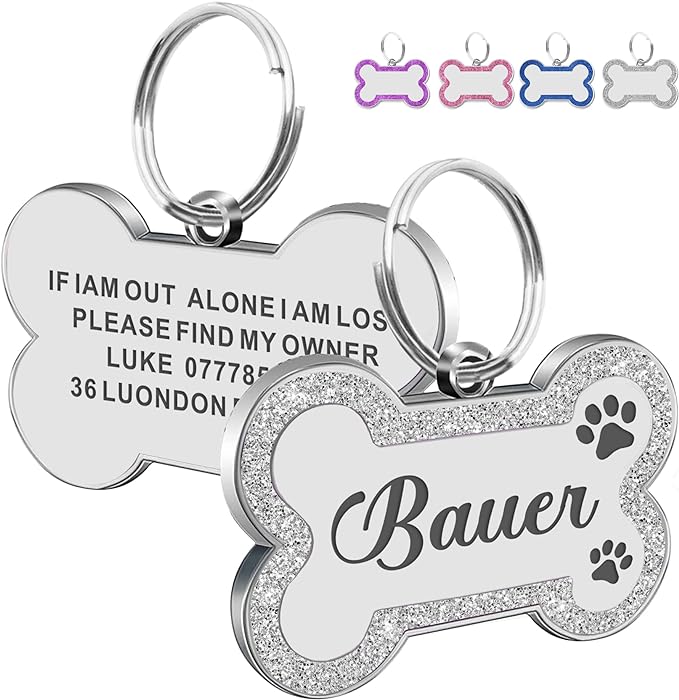 Dog Tags Personalized for Pets Dog Name Tags Personalized Dog Tag Engraved with Any Name & Text Custom Dog ID Tags Glitter Bone ID Tag for Puppy Cat (Silver S, Bone)-Mewly Pet