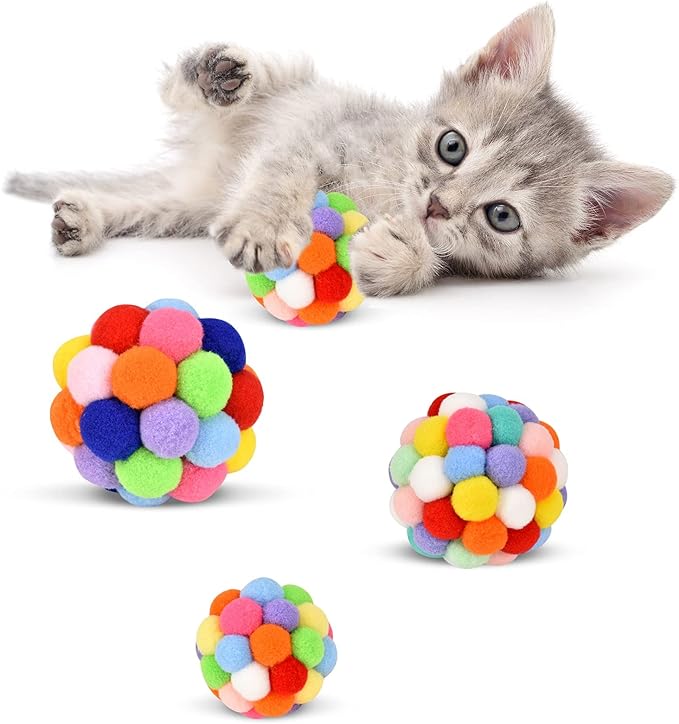 TUSATIY Cat Toy Balls with Bell 3PCS, Colorful Soft Fuzzy Balls Built-in Bell for Cats, Interactive Playing Chewing Toys for Indoor Cats and Kittens-Mewly Pet