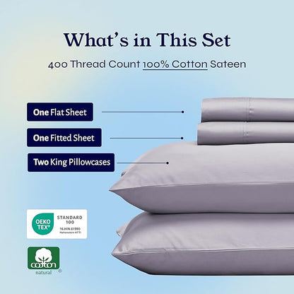 California Design Den Soft 400 Thread Count Natural 100% Cotton Sheets Sateen, King Bed Sheets Set, Deep Pockets, All-Around Elastic for a Snug Fit, Cool & Durable Bedding Set - Dusky Lavender Grey