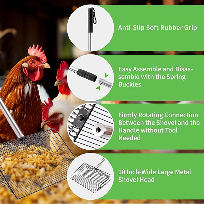 Large Chicken Poop Scooper, Metal Coop Scoop with 32" to 67" Adjustable Long Stainless Steel Handle, Chicken Poop Scooper for Sand with Heavy Duty Sifting Shovel for Chicken/ Horse/ Pet Coops (10 IN)-Mewly Pet
