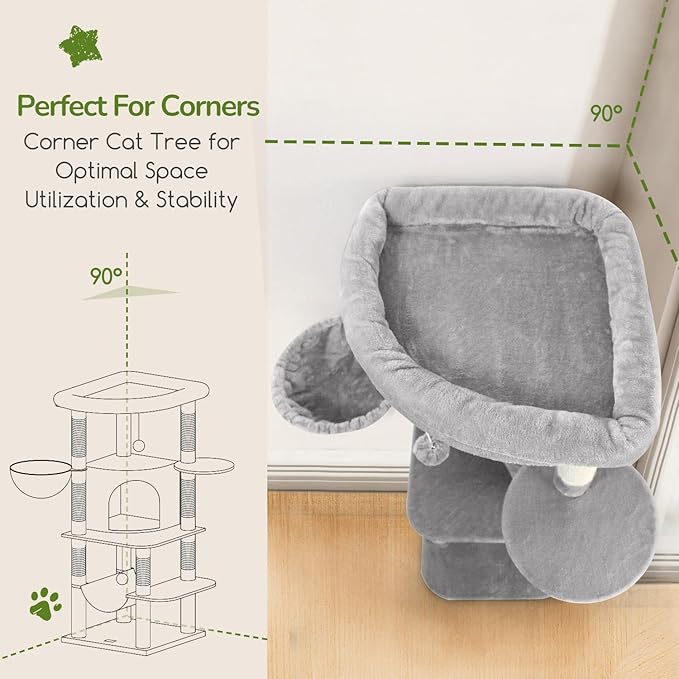 Globlazer Corner Cat Tree Tower for Indoor Cats, 51in Multi-Level Cat Condo Tower with Large Hammock, 7 Sisal Scratching Posts, Oversized Top Perch, Spacious Cat Cave, Hanging Basket, C51, Light Gray-Mewly Pet