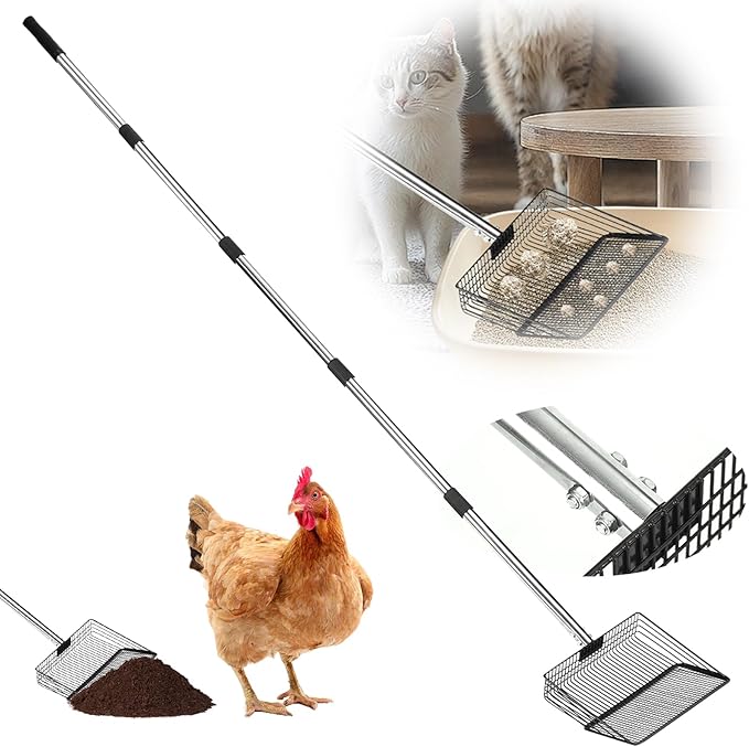 10 Inch Chicken Poop Scooper, Large Metal Chicken Coop Scoop, Chicken Litter Sifting Shovel, Chicken Coop Rake with Retractable Stainless Steel Handle, Chicken Coop Cleaning Tools Accessories-Mewly Pet