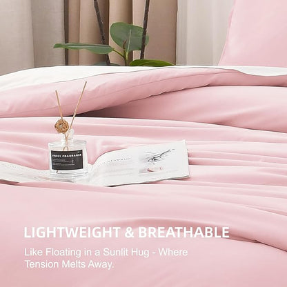 Litanika Pink Comforter Set Queen Size, 3 Pieces Lightweight Soft Fluffy Solid Bedding Set, All Season Bed Set (90x90In Comforter & 2 Pillowcases)