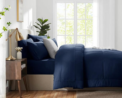 CozyLux California King Comforter Sets Navy Blue, 7 Pieces Cal King Bed in a Bag, All Season Bedding Sets with Stitch Quilted Comforter, Flat Sheet, Fitted Sheet, Pillowcases