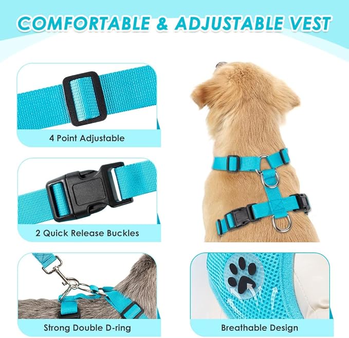SlowTon Dog Seat Belt Harness for Car, Dog Car Harness Adjustable Mesh Breathable & Dog Seatbelt Safety Tether with Elastic Bungee for Small Medium Large Pets(Light Blue, Double Clip, S)-Mewly Pet