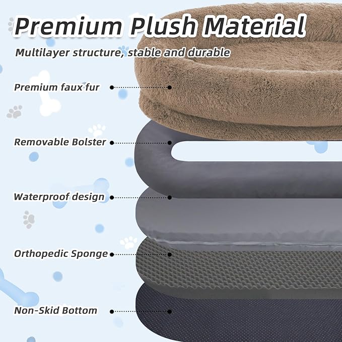 Human Dog Bed, Large Dog Beds for Humans Size Fits You and Pets, Washable Faux Fur Orthopedic Human Pet Bed for People Doze Off, Napping, Present Pillow, Blanket, Strap - Khaki-Mewly Pet