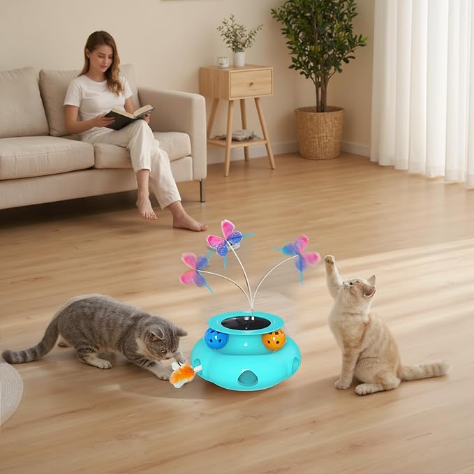 Interactive Cat Toys for Indoor Cats, 3in1 Pet Teaser Toy with Ambush Feather Wand, Fluttering Butterfly and Track Balls, Touch Activated Automatic Kitten Rechargeable Toys-Mewly Pet