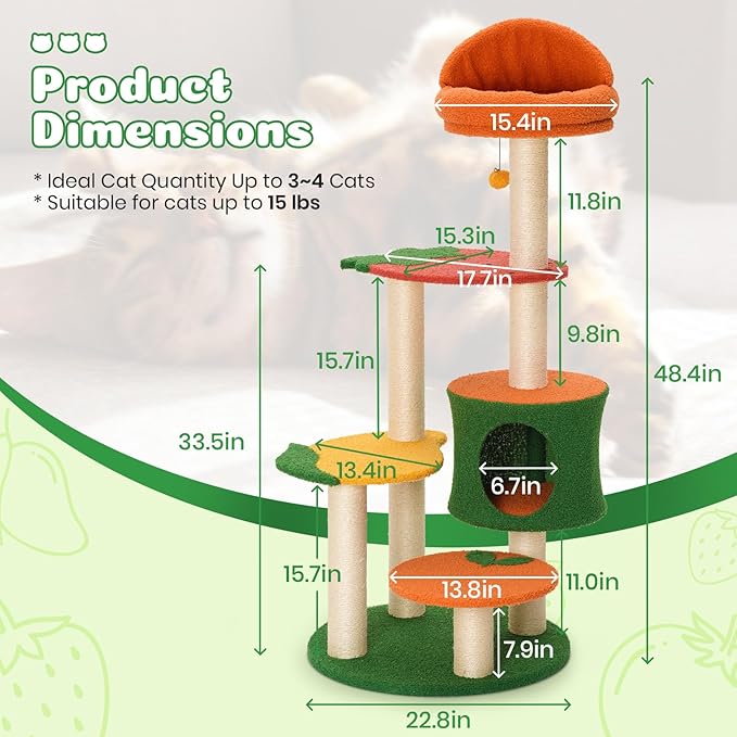Happy & Polly Cute Cat Tree - 48.4" Fruit World Cat Tower for Indoor Cats, Multi-Level Cat Condo with Sisal Scratching Posts, Private Cave, Plush Strawberry Perches, Perfect Cat Tree Activity Center-Mewly Pet