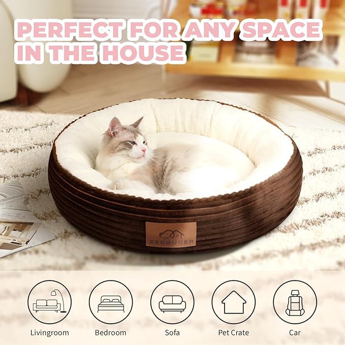 23in Round Cat Dog Bed for Large Medium Small Dogs Cats, Machine Washable Sleeping Sofa, Non-Slip Bottom Breathable Soft Calming Pet Cuddler for Indoor/Outdoor/Car/Cage, Brown-Mewly Pet