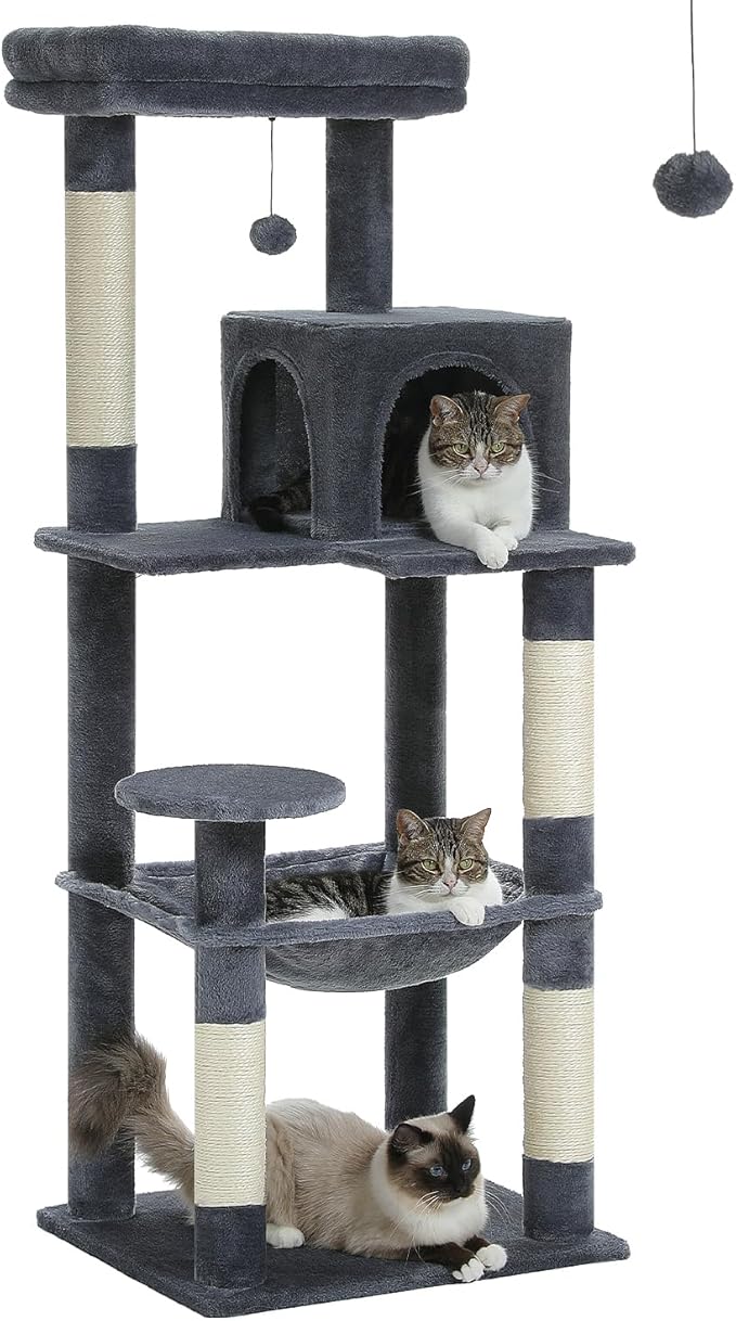 Cat Tree for Large Cats with Metal Plush Big Hammock, 56.3" Cat Tower for Indoor Cats with 2 Door Condo House, 6-Tier Cat Shelves with Scratching Posts and Large Top Perch, Dark Gray-Mewly Pet
