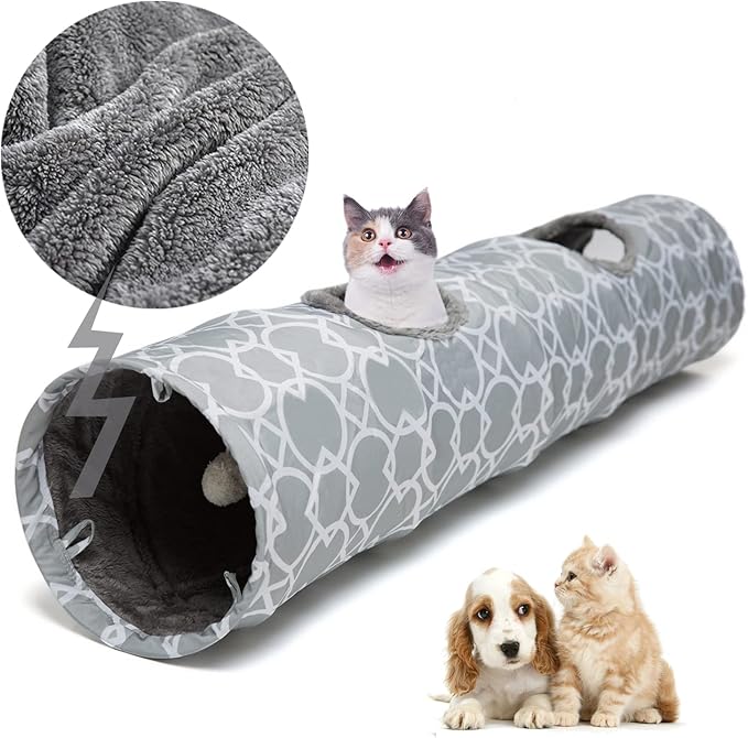 LUCKITTY Geometric Straight Cat Tunnel with Plush Inside,Cats Toys Collapsible Tunnel Tube with Balls, for Rabbits, Kittens, Ferrets,Puppy, Diameter 9.8 Inch-Mewly Pet