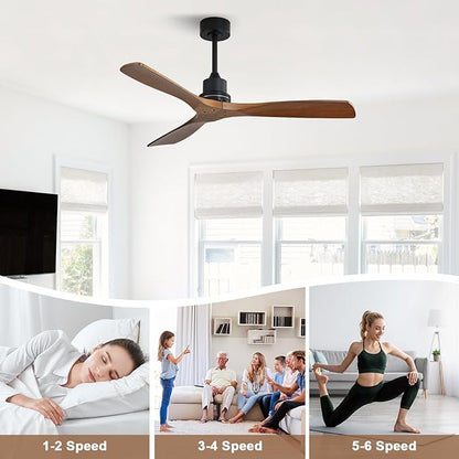 Sofucor 52 inch Ceiling Fan No Light, Solid Wood Indoor/Outdoor Ceiling Fans Without Lights, Remote Control, Reversible DC Motor, 3 Blade Low Profile Ceiling Fans for Patios, Bedroom, Farmhouse