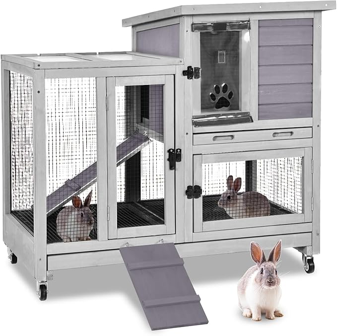 GUTINNEEN Indoor Rabbit Hutch Guinea Pig Cages with Chew-Proof Ramp, 2-Story Wooden Bunny House with Pull-Out Tray & Lockable Caster Wheels, Small Animal Cage for 2-4 Rabbits & Guinea Pigs (Grey)-Mewly Pet