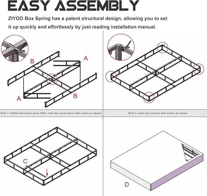 ZIYOO King Box Spring and Cover 9 Inch High Profile Metal Boxspring Easy Assembly,Mattress Foundation/Heavy Duty Metal Steel Structure/Quiet Noise-Free Accessory