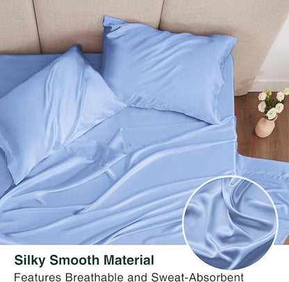 Love's cabin Twin XL Satin Sheet Sets - 3 Piece Sky Blue Silky Bed Sheets with Deep Pockets, Luxury Silk Feel Satin Sheet Set Twin XL (1 Flat Sheet,1 Fitted Sheet,1 Pillow case)