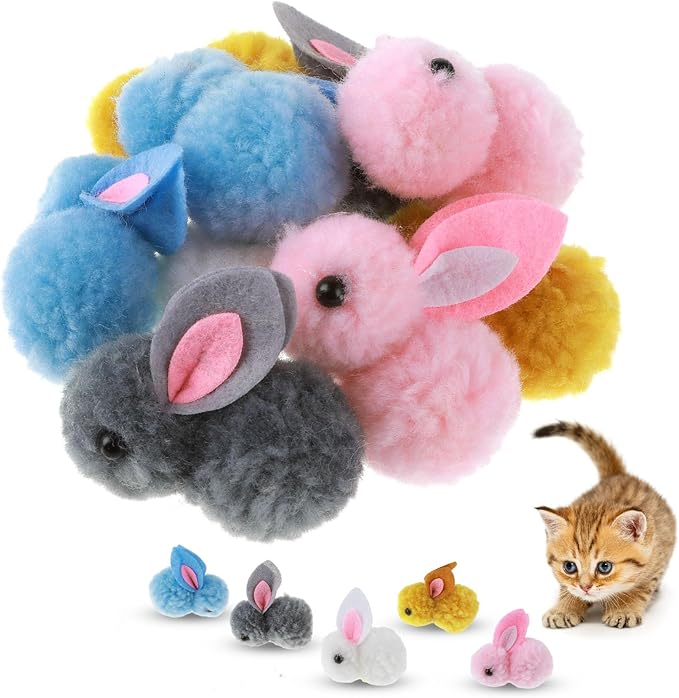 10Pcs Plush Toy Balls, Cute Bunny Shape Kitten Pompom Soft 5.5cm/2.16in Puff Ball Indoor Fun Colorful Cat Ball Toy Pom Pom Balls for Pet-Mewly Pet