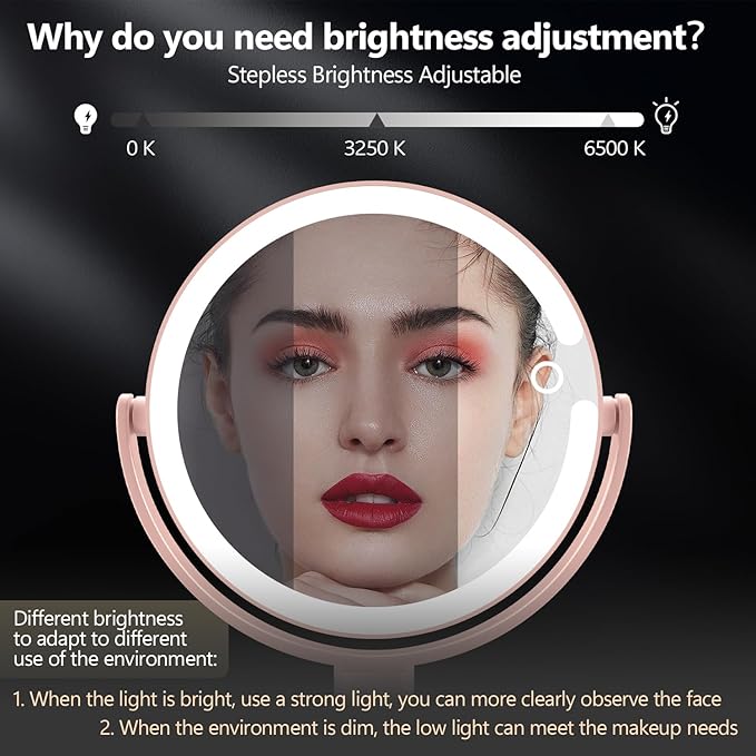 MIYADIVA Makeup Mirror with Lights, 20X Magnifying Mirror with Light and Touch Switch, Vanity Mirror with 3 Color Light and 80 LEDs, Height Adjustable Desk Mirror with Light, Pink