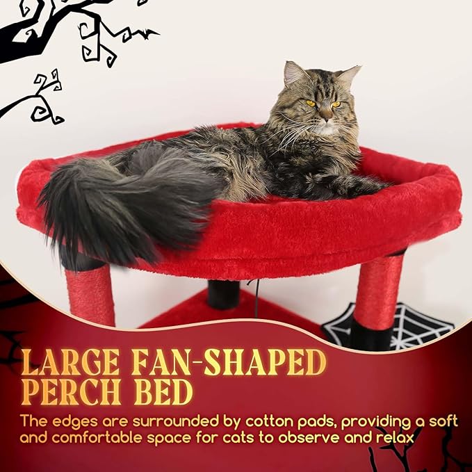 Globlazer Gothic Corner Cat Tree Tower with Scratching Post for Indoor Cats, 51inch Goth Cat Condo Tower with Large Hammock, Fan-Shaped Padded Perch, Spacious Cat Cave, Hanging Basket, C51, Red Black-Mewly Pet