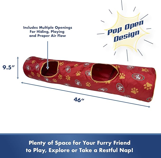 NFL San Francisco 49ers Cat Tunnel Tube Toy with Plush Football Catnip and Feathers Collapsible Tunnel for Cats to Play, Peek and Hide, Sporty & Fun Cat Tunnel Toy with Team Logo All-Over Design!-Mewly Pet