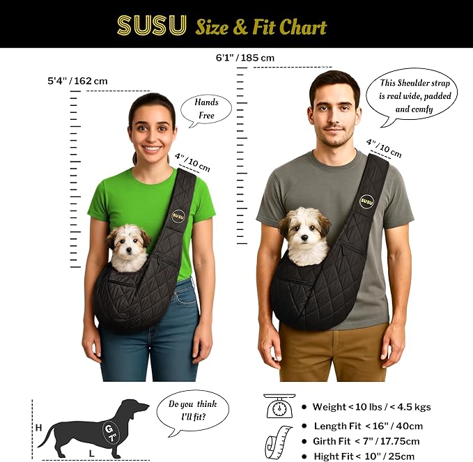 Small Dog Carrier Sling Bag – Hands-Free up to 10 lbs -10.5″ Deep Pouch, Dual Snap-Clip Closure + Drawcord, 4″ Padded Strap, Safety Tether, Zipper Pockets, Machine-Washable-Mewly Pet