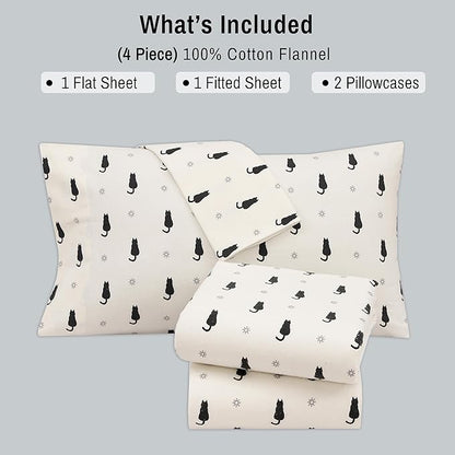 RUVANTI Flannel Sheets Queen Size - 100% Cotton Double Brushed Bed Sheets, Deep Pockets 16 Inches Queen Sheet Set, All Seasons Breathable & Extra Soft - Warm & Cozy, 4 Piece, Black Cat